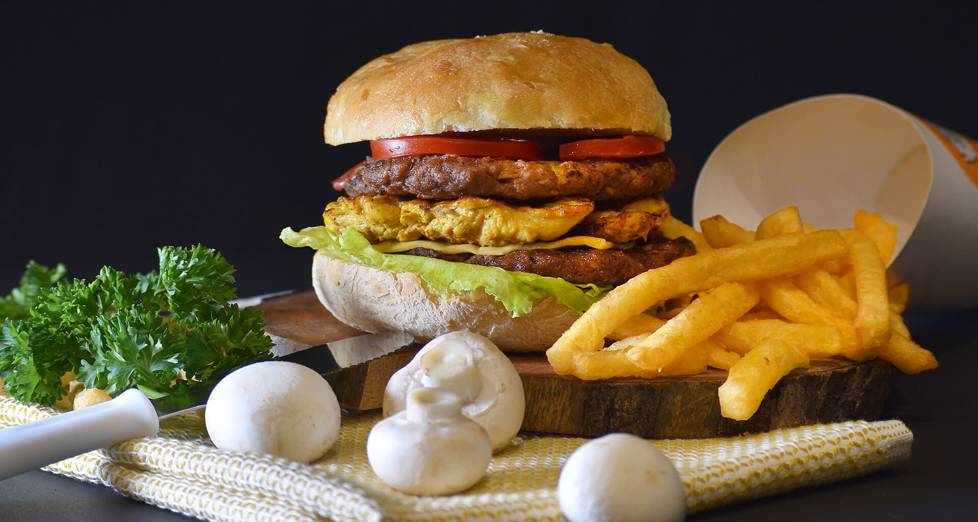 burger with fries and mushroom